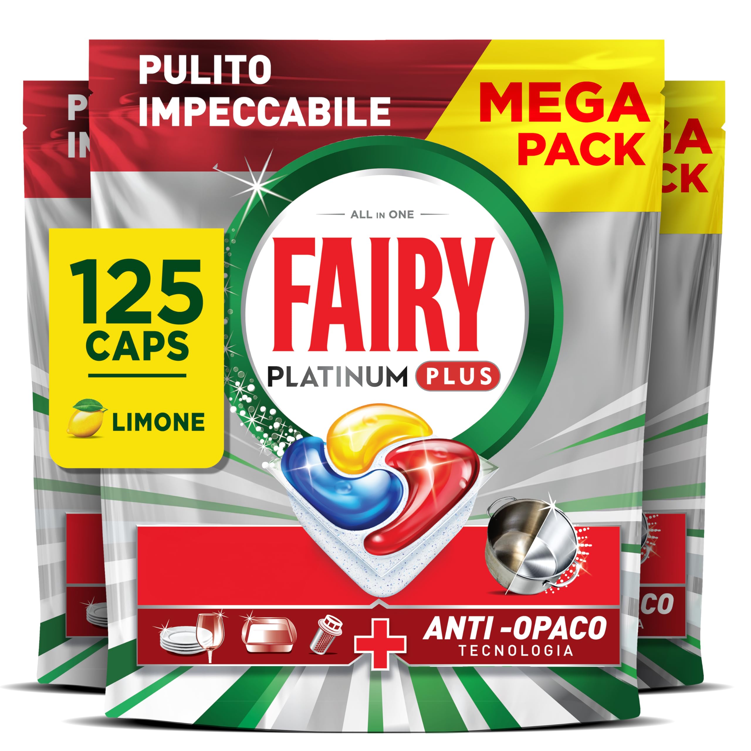  Fairy Platinum Plus Completo Tablets per Lavastoviglie, 125 Capsule, Limone, Tecnologia Anti-Opaquizzante, Anti-Graffi 